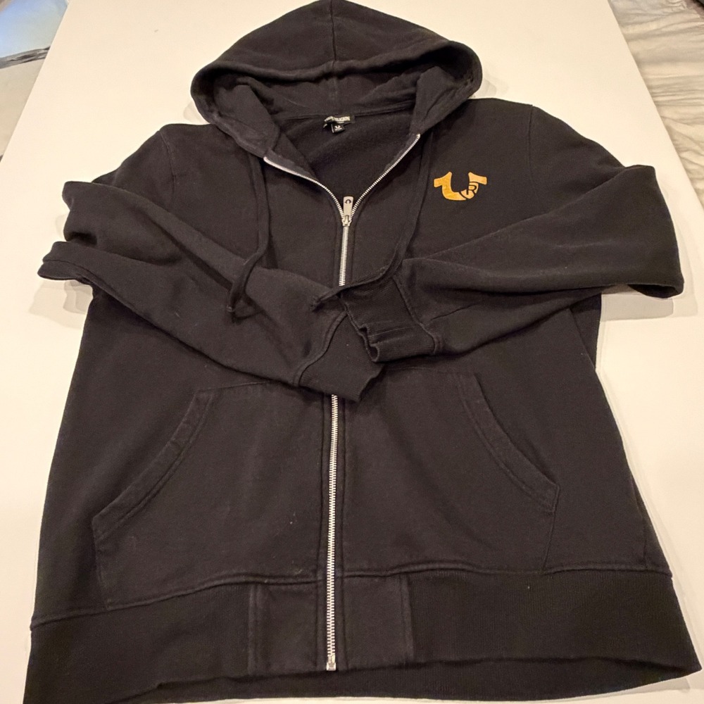 True Religion Men's XL World Tour Full Zip Hoodie Black Gold Y2K Graphic